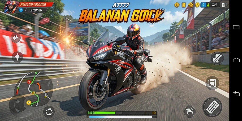 Screenshot utama A7777 menampilkan aksi balapan motor yang mendebarkan.