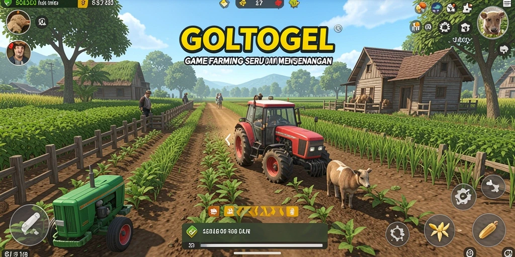 Screenshot gameplay GOLTOGEL menunjukkan kebun yang subur dan hewan ternak yang bahagia.