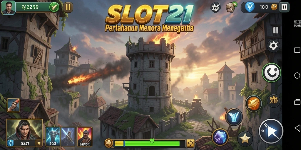 Tangkapan layar menunjukkan gameplay menegangkan dari SLOT21 dengan menara siap menghadapi gelombang musuh.