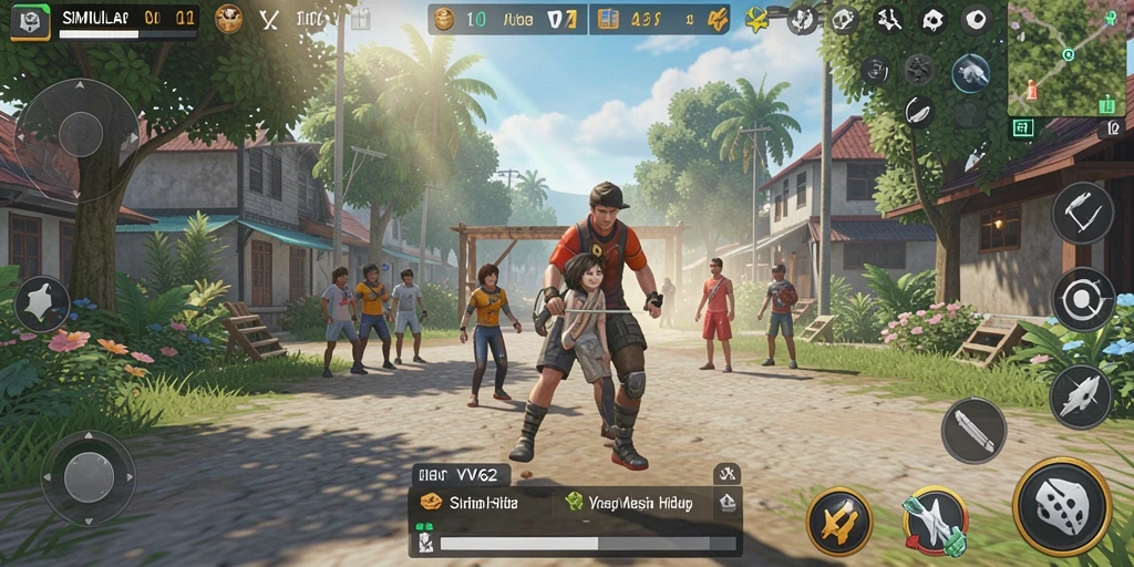 Tangkapan layar gameplay VV62 menunjukkan interaksi karakter dan lingkungan.