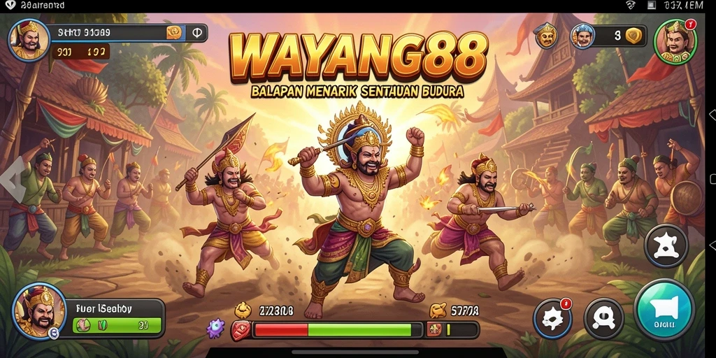 Screenshot utama WAYANG88 menampilkan balapan seru dengan karakter wayang.